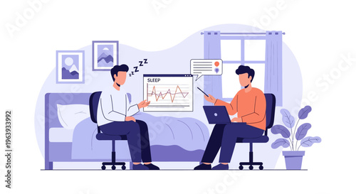 Sleep Analysis and Health Consultation Concept - Flat Vector Illustration of Doctor Monitoring Patient Sleep Quality with Digital Data Chart