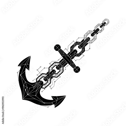 Futuristic Anchor with Digital Chain, Blockchain Technology Concept