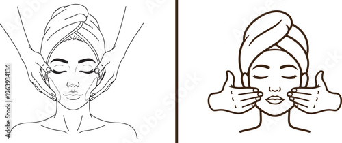 Minimalist line art vector of a woman receiving a facial massage and spa treatment. The design features a calm female character with a head towel, ideal for beauty, wellness, and skincare branding.