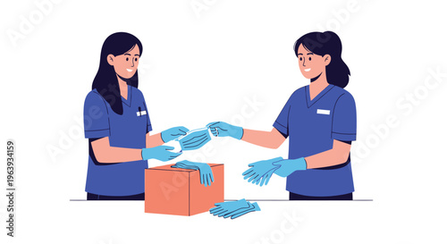 Healthcare Workers in Scrubs Organizing PPE Supplies Vector Illustration