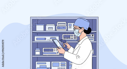 Medical professional using tablet and scanner for pharmacy inventory management illustration