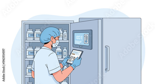Scientist in Protective Gear Monitoring Vaccine Storage with Tablet in Pharmaceutical Laboratory Refrigerator Illustration