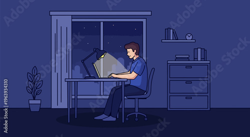 Flat Vector Illustration of a Young Man Working Late on Laptop at a Home Office Desk During the Night