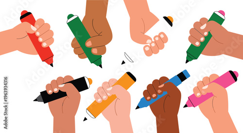 Diverse hands holding markers and drawing, creativity and teamwork concept with different skin tones, colorful pens and writing gestures flat vector illustration