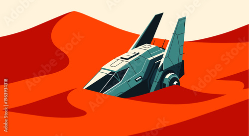 a futuristic spaceship crash landing on a desolate desert planet amidst vast red sand dunes evoking themes of space exploration and discovery