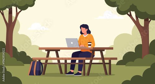 Woman Working on Laptop at a Park Picnic Table - Remote Work and Digital Nomad Concept Vector Illustration