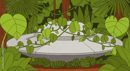 a mysterious crashed ufo an abandoned alien spaceship deeply hidden and overgrown by lush green jungle foliage.