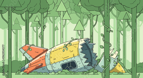 broken rocket ship abandoned and overgrown by lush green vines in a vibrant forest symbolizing natures resilience.