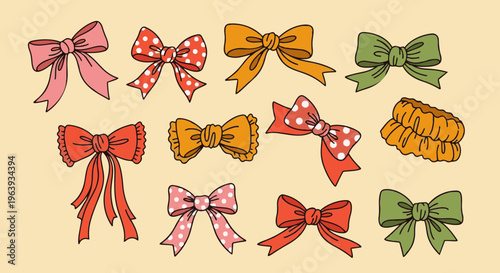 colorful bows hair accessories and a scrunchie in a cute cartoon style vector illustration for fashion and craft design projects.
