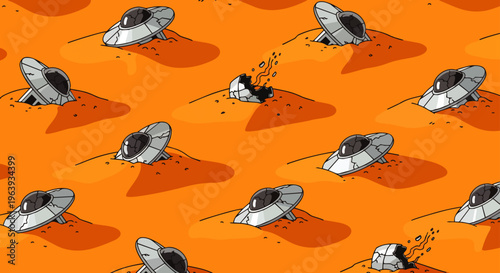 crashed ufo alien spaceships abandoned on a red desert planet a fun cartoon illustration depicting a sci-fi exploration.