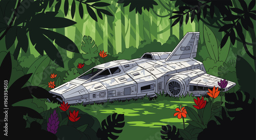 futuristic spaceship wreck resting in a vibrant overgrown jungle wetland depicting an alien planet sci-fi adventure exploration.