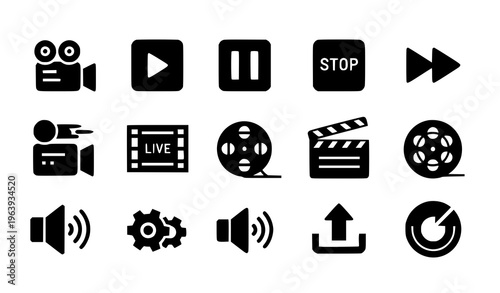 Video production solid icon set media player camera play pause cinema symbols for web and mobile app design