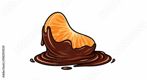 A vibrant orange segment, partially dipped in rich, flowing dark chocolate
