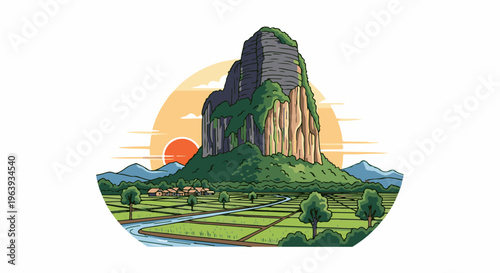 A vibrant landscape illustration of a majestic mountain overlooking rural village and rice fields at sunset