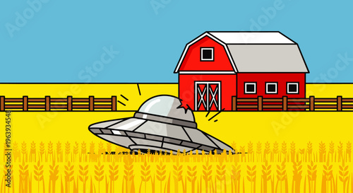 ufo crash of a silver flying saucer in a golden wheat field next to a red barn a cartoon alien spaceship accident
