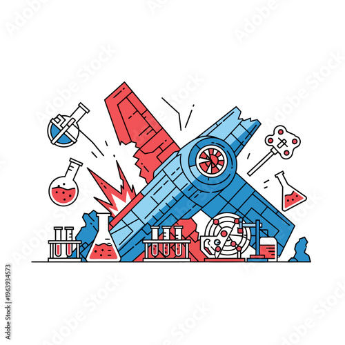broken spaceship crash and science experiment in a laboratory setting illustrating a failed technology and innovation challenge.