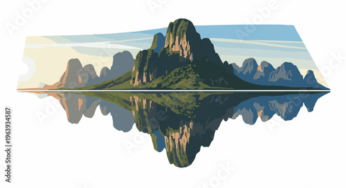 A stylized, pixelated mountain range reflected in still water under a gradient sky