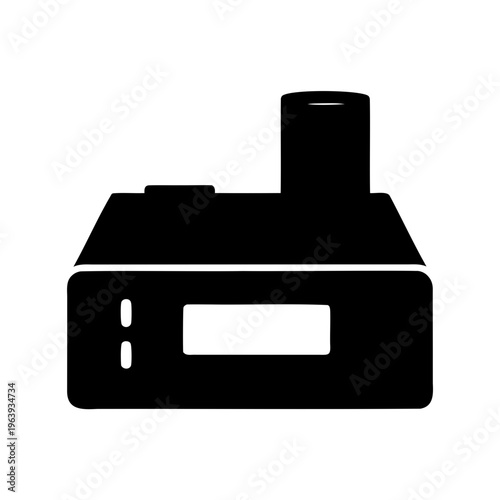 A flat black icon illustration of a modern electronic vape device with a screen and atomizer Vector, illustration