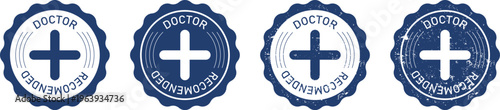 A set of four blue circular badges featuring a doctor recommended text and a central cross icon. isolated on transparent background, Vector