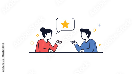 Two business professionals engaged in a productive conversation with a gold star speech bubble indicating high quality feedback.