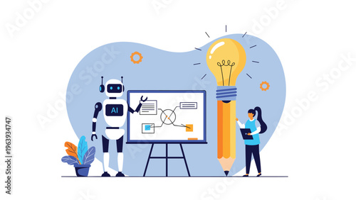 Artificial intelligence robot presenting data on a whiteboard while collaborating with a professional near a giant pencil light bulb.