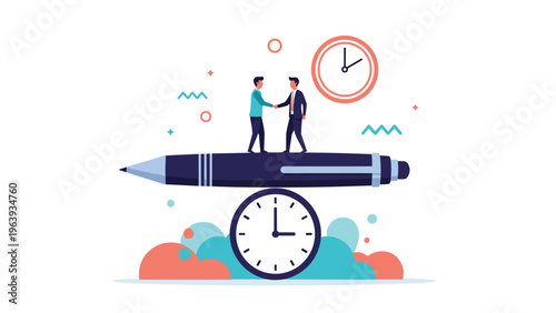 Two business partners shaking hands on top of a large pen balanced on a clock representing time management and legal agreements.