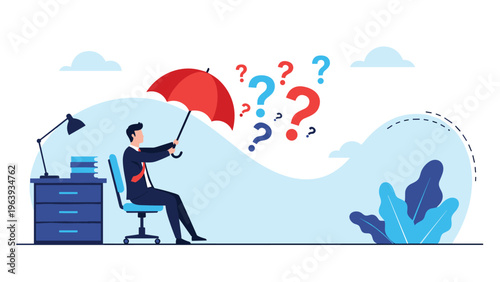 Professional businessman sitting at a desk while using a red umbrella for protection against a shower of question marks.