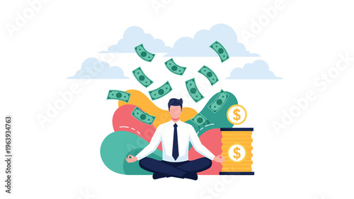 Calm businessman meditating in a lotus pose while paper money falls around him and stacks of gold coins sit nearby.
