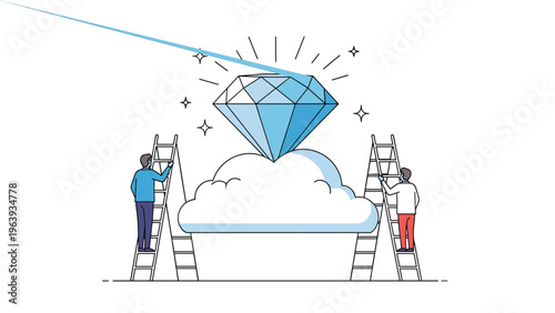 Two hardworking professionals standing on ladders while cleaning a giant blue diamond resting on a white fluffy cloud.