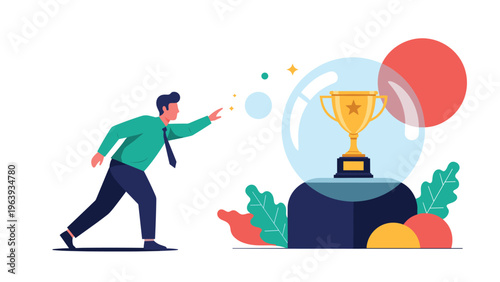 Determined businessman reaching out towards a golden trophy protected inside a glass bubble representing a difficult goal.