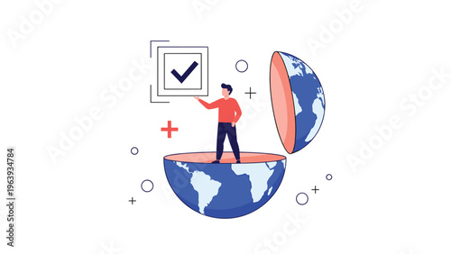 Successful man standing inside a split globe holds a checkmark symbol representing global quality and achievement.