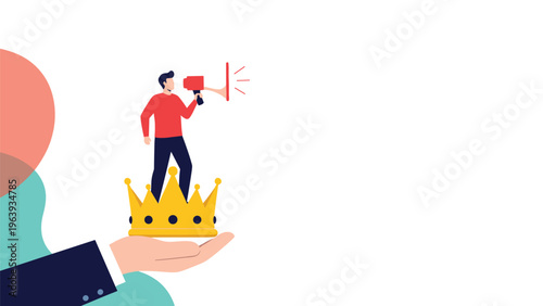 Large hand holding a golden crown with a man standing on top using a megaphone to announce a message or leadership news.