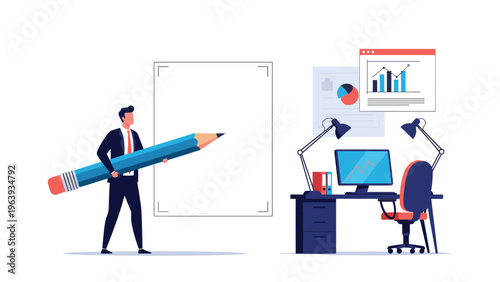 Businessman holding a massive blue pencil stands in front of a modern workspace featuring a laptop and data charts.