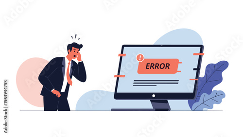 Concerned businessman looking in shock at a computer monitor screen displaying a prominent red error notification message.