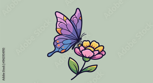 A stylized purple butterfly rests on a pink and yellow flower