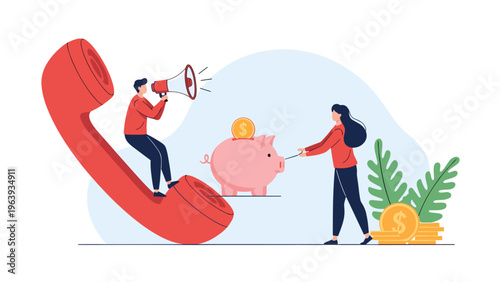 Customer support and financial savings connection with man using megaphone on phone and woman handling a pink piggy bank.