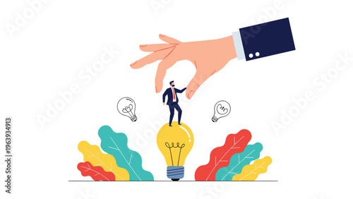 Corporate recruitment and selection process depicted as a giant hand picking up a professional standing on an idea bulb.