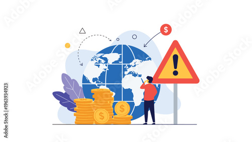 Global economic risks and financial awareness depicted by man standing near globe, warning sign, and piles of gold coins.