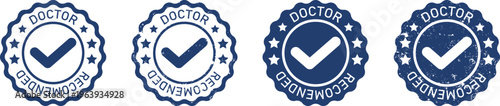 A collection of four blue circular badges featuring a checkmark and doctor recommended text label isolated on transparent background, Vector