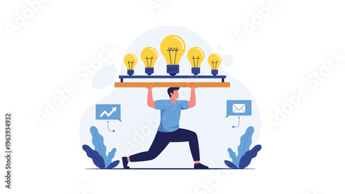 Strong businessman carrying heavy weight of multiple bright lightbulbs representing the burden and power of creative ideas.