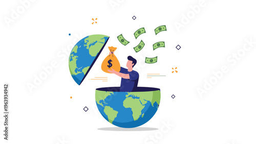 Concept of international wealth and global profit with man emerging from inside earth holding bag of money and cash.