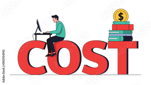 Managing business expenses and education costs with man using laptop while sitting on the word cost with stacked books.