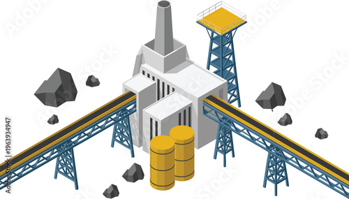 Industrial mining plant with conveyor belts, ore rocks, processing building, storage tanks, and extraction tower, mineral production and transportation vector illustration