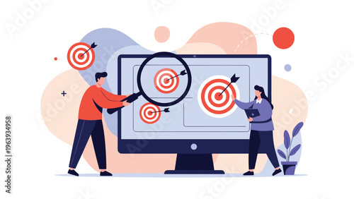 Target market analysis and business research concept with professional using magnifying glass to focus on bullseye icons.