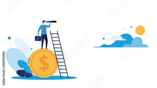 Long-term financial vision and market outlook concept with businessman standing on large coin using a telescope.