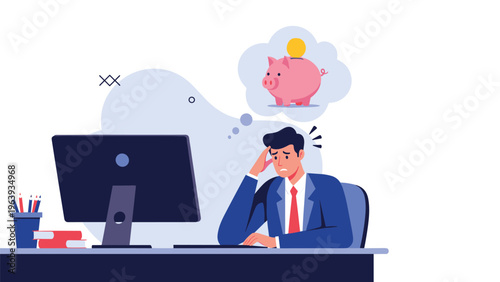 Financial stress and budget worries depicted by man at desk thinking about his savings shown in a piggy bank bubble.