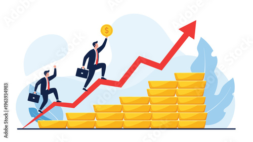 Competitive business growth and financial success shown by businessmen running up a rising arrow on gold bar chart.