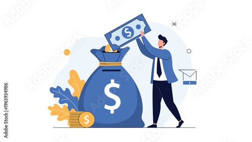 Capital accumulation and wealth building concept with professional putting large dollar banknote into a money bag.