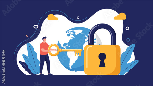 Global security and data protection concept with man holding large key next to world globe and massive padlock.