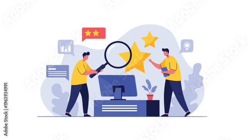Quality evaluation and service rating research concept with professionals using magnifying glass to inspect star ratings.